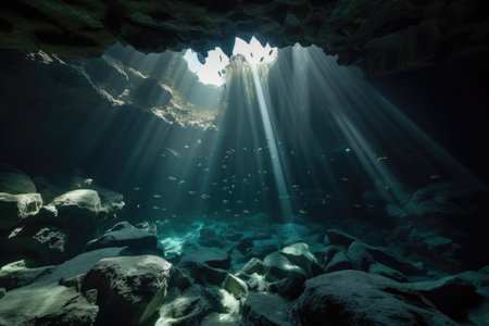 underwater cave, with shining schools of fish swimming among the formations, created with generative aiの素材