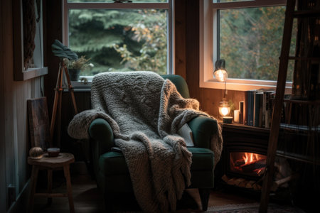 cozy reading nook with cozy armchair and warm blanket for curling up on chilly days, created with generative aiの素材