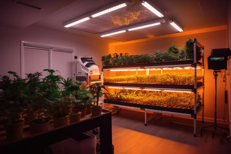high-tech home growing setup, with advanced lighting and control systems, created with generative aiの素材