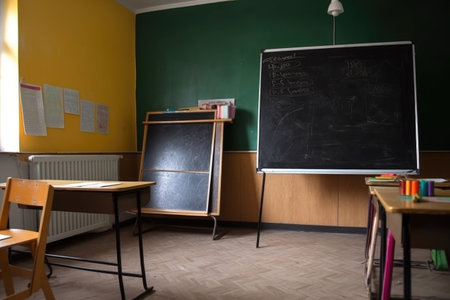 empty classroom, with chalkboard and easel for teachers to prepare lesson plans, created with generative aiの素材