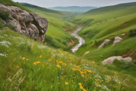 view of rolling hills dotted with wildflowers, with a rocky stream running through, created with generative aiの素材