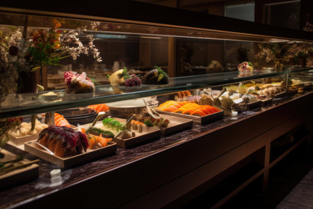 authentic japanese restaurant, with sushi and sashimi on display, created with generative aiの素材