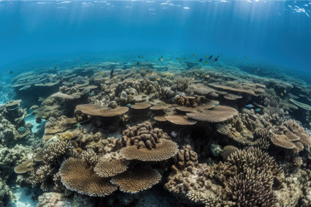 overgrown coral reef, with schools of fish swimming among the corals, created with generative aiの素材