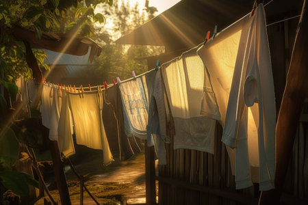morning sun shining on clothes drying after a rainy night, created with generative aiの素材