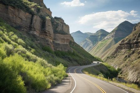 scenic highway through mountain range, with dramatic views of peaks and valleys, created with generative aiの素材