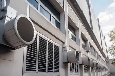 ventilation system, with ducts and vents, serving modern office building, created with generative aiの素材