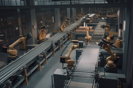 an automated factory, with robots performing various tasks and products moving along conveyor belts, created with generative aiの素材