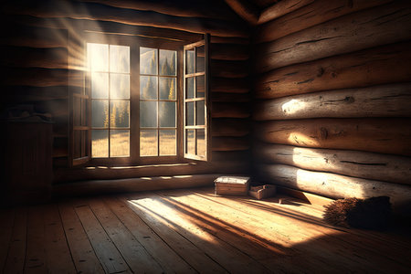 a cozy cabin, with sunlight filtering through the window and onto a rustic wooden floor, created with generative aiの素材