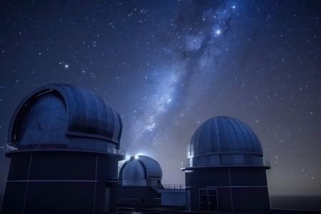telescopes and domes of observatory in the night sky, with stars shining, created with generative aiの素材