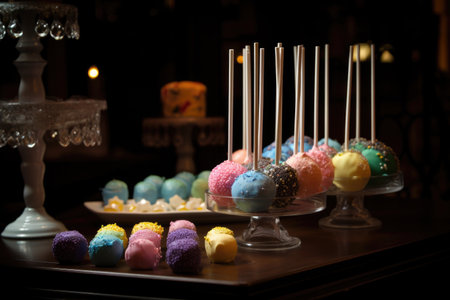 cake pop display with cake pop flavors, colors and designs to create a stunning centerpiece, created with generative aiの素材