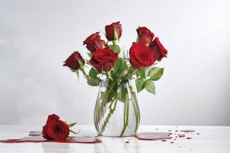 red roses in a vase on a white background with splashes of green, created with generative aiの素材