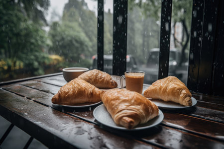warm afternoon, with droplets of rain slowly falling from the sky, and flaky puff pastries and turnovers enjoyed under a cozy umbrella, created with generative aiの素材