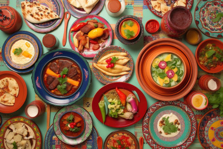 traditional dishes of different countries on colorful dishes, created with generative aiの素材