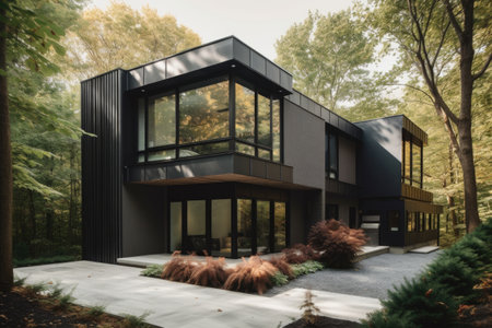 exterior of modern house with metal siding and sleek design, surrounded by lush greenery, created with generative aiの素材
