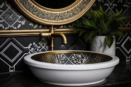elegant round white wash basin with gold faucet, framed by black and white tile, created with generative aiの素材