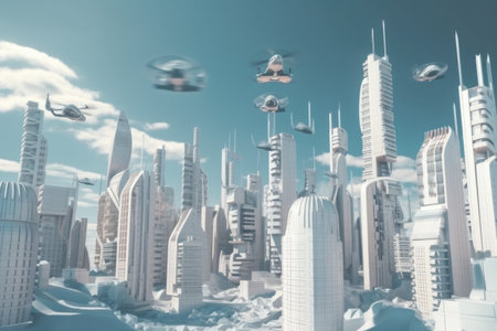 3d model of futuristic cityscape with towering skyscrapers and flying vehicles, created with generative aiの素材