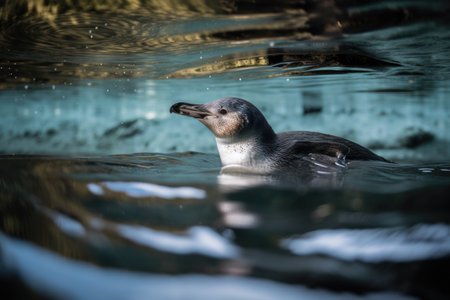 penguin swimming in clear and peaceful lake, created with generative aiの素材