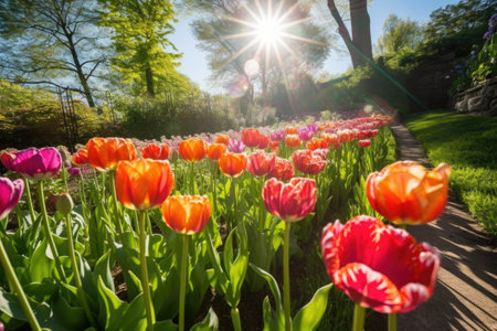row of tulips in full bloom, with the sun shining down, created with generative aiの素材
