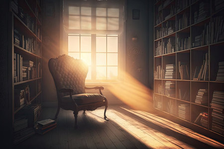 a view of the sun rays shining through a window into a room with empty bookshelves and comfortable armchair, created with generative aiの素材
