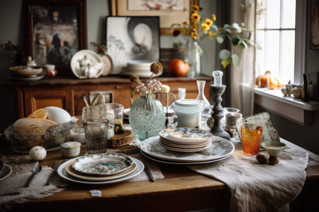 decorated tabletop with a mix of vintage and modern items, created with generative aiの素材