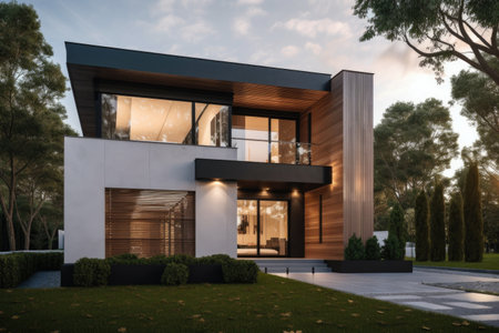 exterior of modern house with sleek exterior and contemporary design, created with generative aiの素材