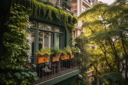 towering trees and lush greenery on a window garden balcony, created with generative aiの素材