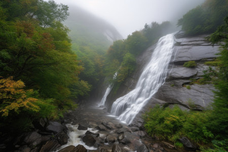 high-altitude cascading waterfall, with mist floating in the air and surrounding foliage, created with generative aiの素材