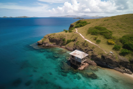 remote island getaway with view of endless azure waters, created with generative aiの素材