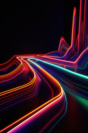 bright, glowing neon lines on a dark surface, created with generative aiの素材