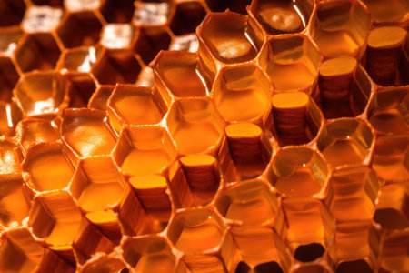 close-up of hexagonal honeycomb cells with honey, created with generative aiの素材