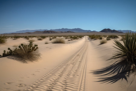 road trip through the desert, with sand dunes and cacti in the background, created with generative aiの素材