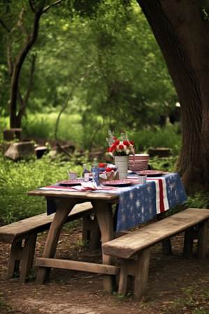 4th of july themed picnic table setup outdoors, created with generative aiの素材