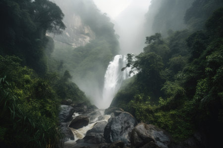 majestic waterfall, with the mist rising into the air and the surrounding forest visible, created with generative aiの素材