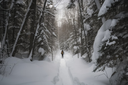 person, wading through snowshoeing trail, with snowy trees in the background, created with generative aiの素材
