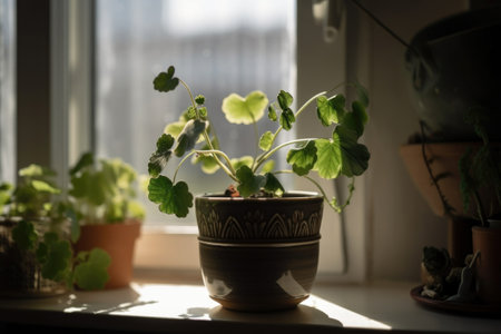 potted indoor plant on sunny windowsill, view of the outside world, created with generative aiの素材