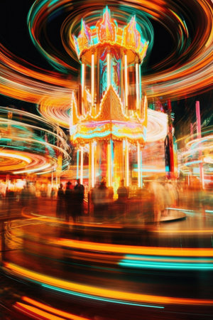 blurred motion of spinning carnival rides, created with generative aiの素材