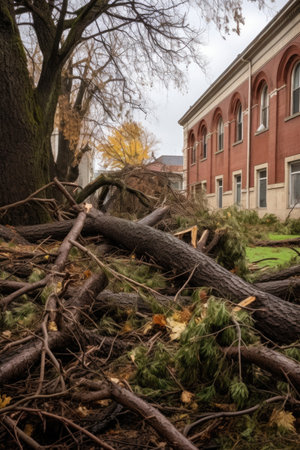 uprooted trees and debris scattered on the ground, created with generative aiの素材