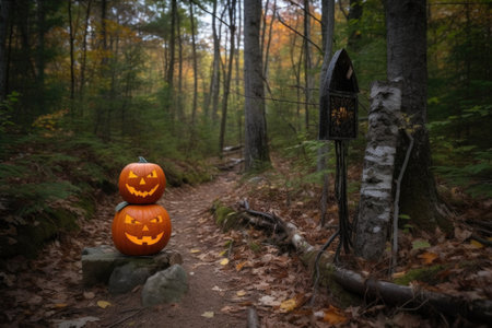 spooky trail marker in the forest with lantern and jack-o-lantern, created with generative aiの素材