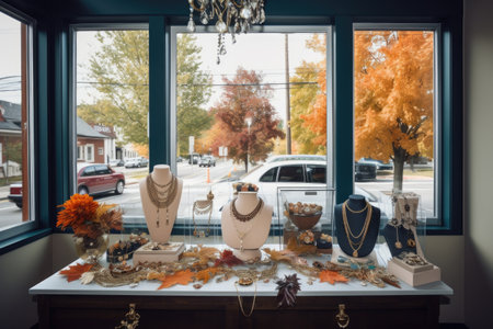 boutique window display featuring handcrafted jewelry and accessories, created with generative aiの素材