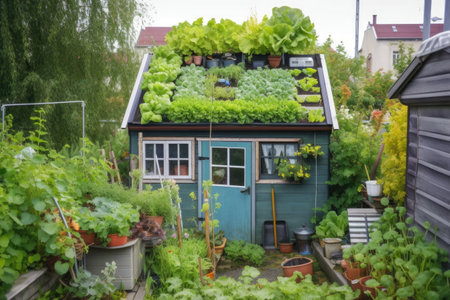 tiny house with garden, vegetables and herbs growing on the roof, created with generative aiの素材
