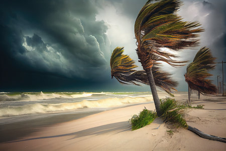 storm surge rolling over beach and onto shore, with palm trees bent in the wind, created with generative aiの素材