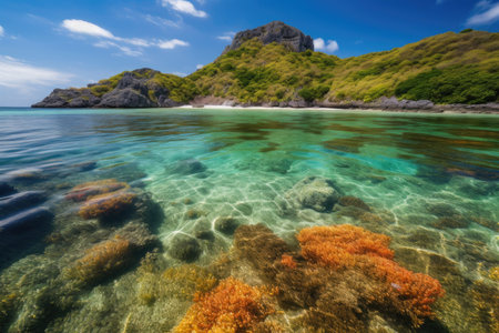 remote island with crystal-clear waters and colorful marine life, created with generative aiの素材