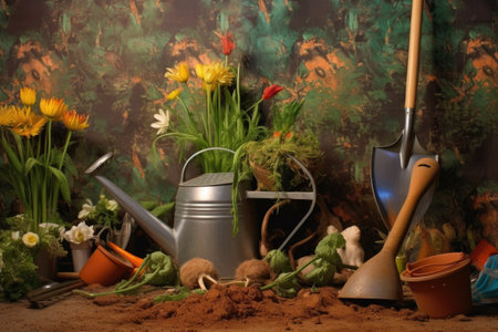 watering can and gardening tools on fertile soil, created with generative aiの素材