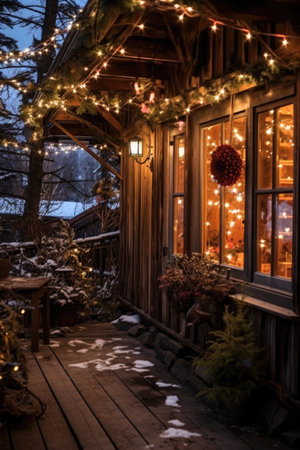 christmas lights decorating a rustic wooden cabin, created with generative aiの素材