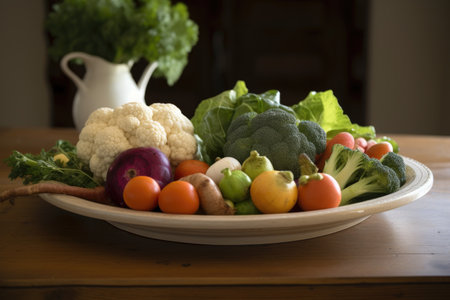 plate of fresh produce, ready for eating or cooking, created with generative aiの素材