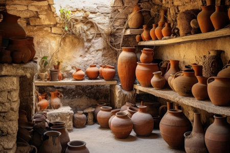 rustic ancient pottery in an archaeological setting, created with generative aiの素材