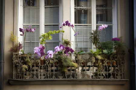 delicate orchids in a window garden on a balcony, created with generative aiの素材