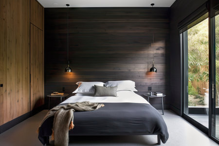 wooden paneled wall in bedroom, with sleek black bed and bright accent pillows, created with generative aiの素材