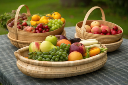 fruit and vegetable basket for picnic or gathering, created with generative aiの素材