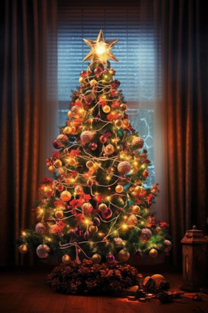 festive christmas tree with glowing lights and ornaments, created with generative aiの素材